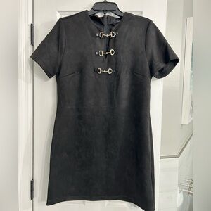 Ellen Tracy Black Short-Sleeve Mini Dress with Gold Buckle Accents